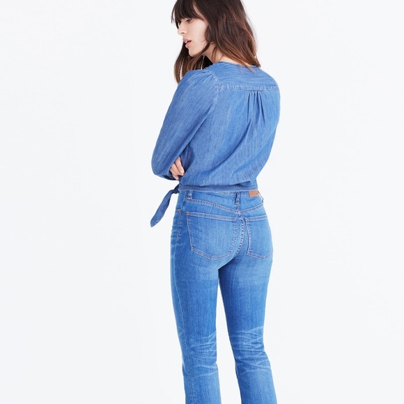 Madewell • Denim Wrap 70s Style Top Cotton Lyocell Blend Sz Small Tie Waist - Picture 2 of 10